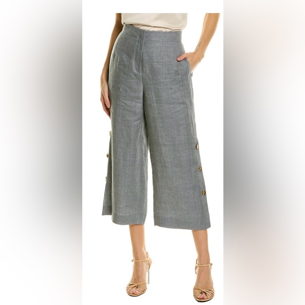Lafayette 148 Gray Linen Herringbone Button-Detail Wide-Leg Pants, w Pockets. 14